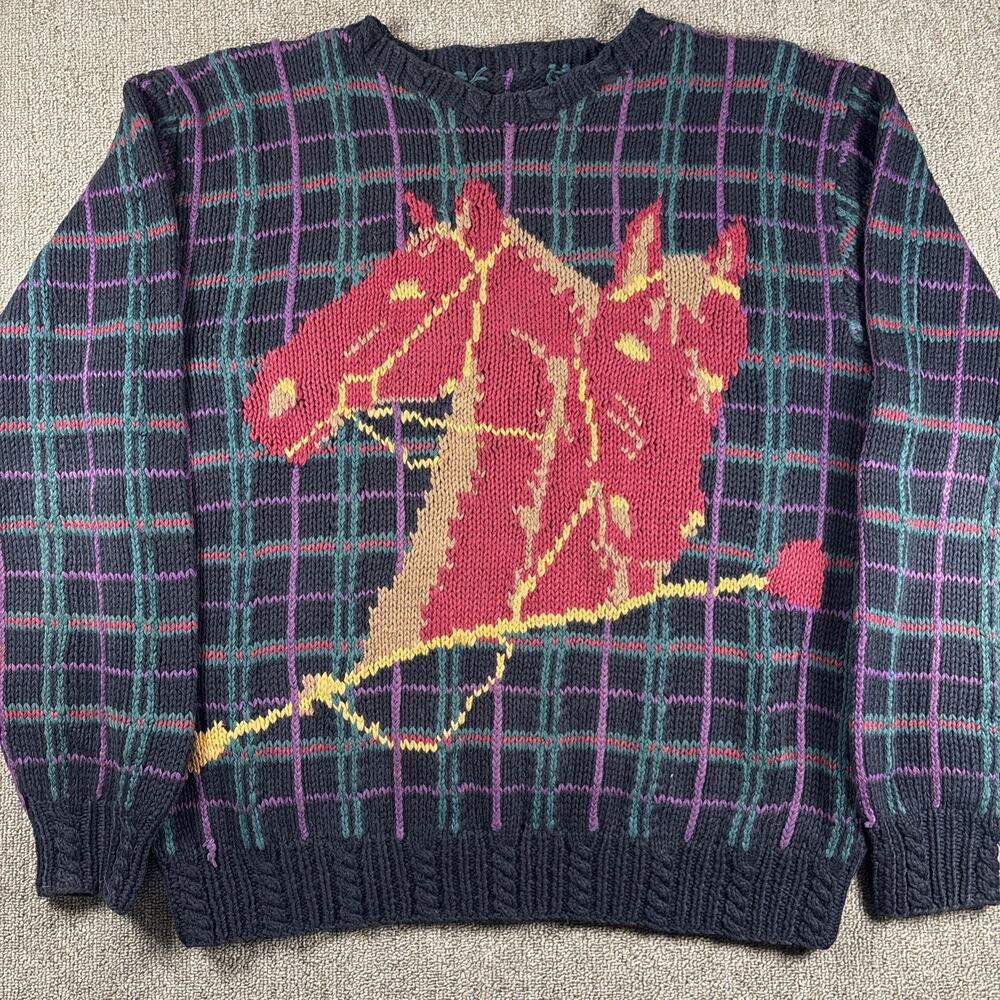 Vintage Equestrian Knit Sweater Black Purple Large Horses Long Sleeve USA